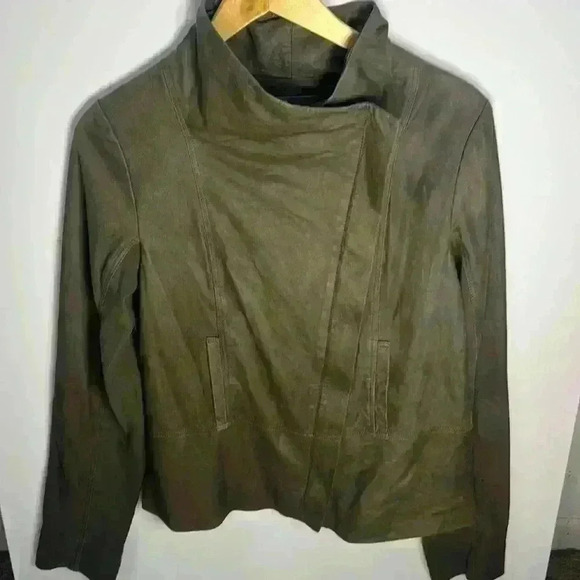 VINCE Scuba Asymmetrical Lambskin Leather green khaki suede Jacket Size large - Picture 10 of 16